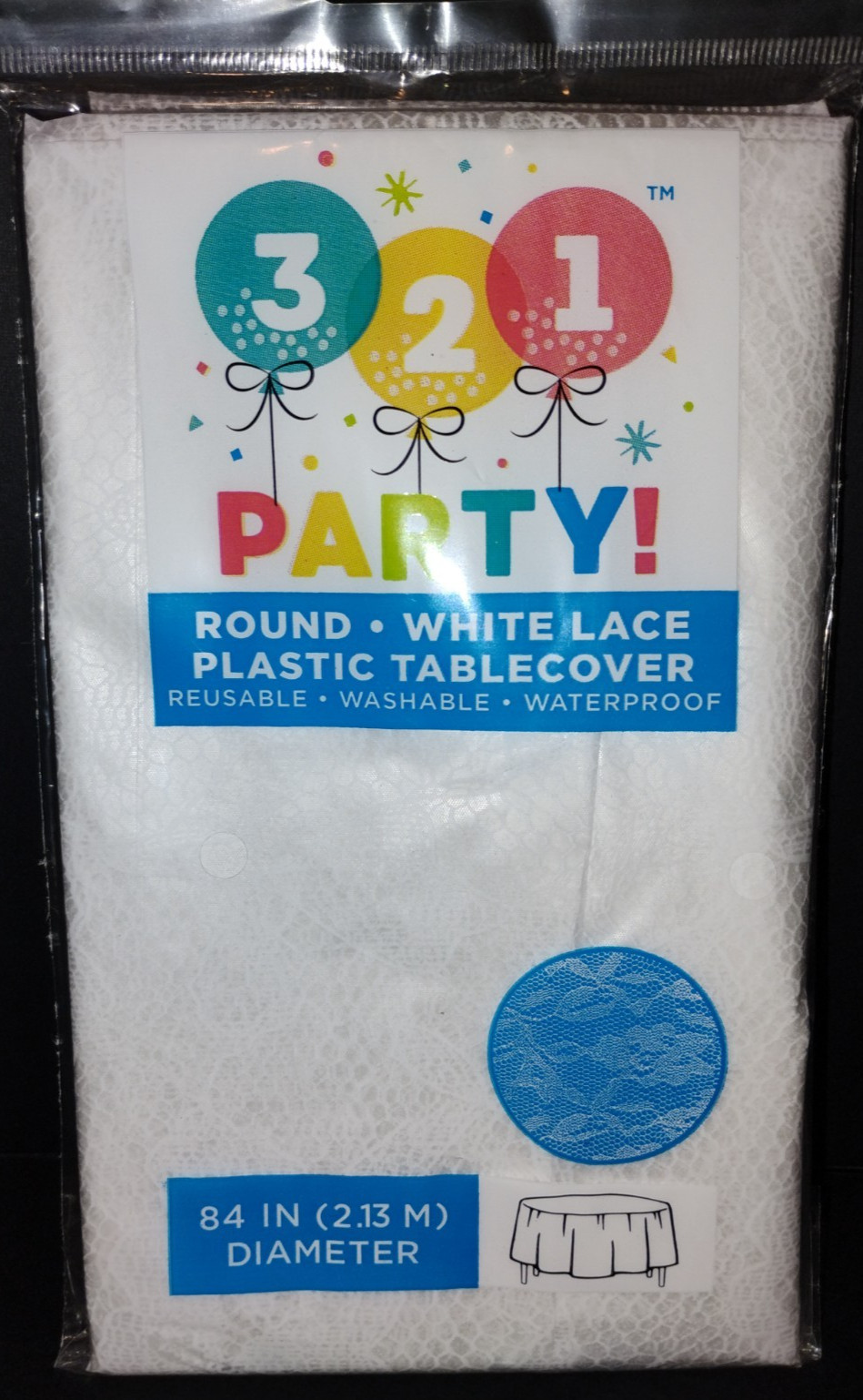 321 Party! Reusable White Lace Plastic Tablecover - 84 IN Round gallery