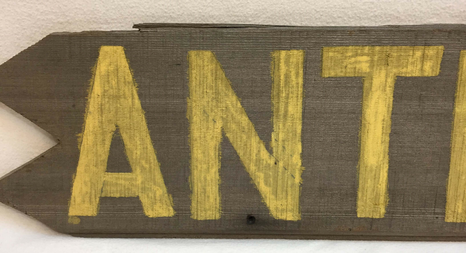 Weathered Lapped Barn Wood Sign " ANTIQUES " in Yellow Paint 38" x 7 1/4" gallery