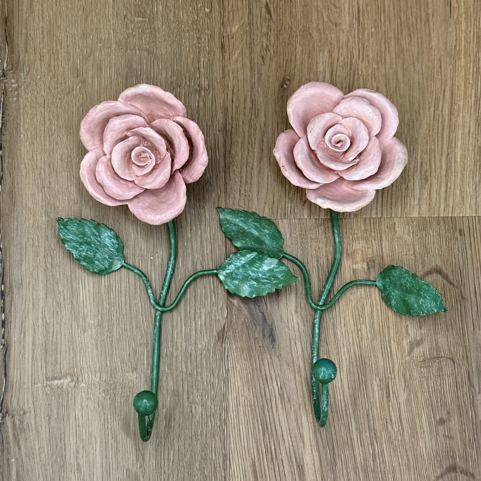 Vtg Set (2) Metal Rose Flower Decrative Wall Hooks 90's Cottage Core Floral gallery