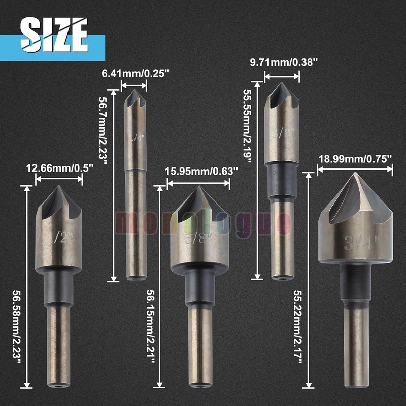 5PC COUNTERSINK TOOL BIT SET COUNTER SINK FOR STEEL METAL WOOD PLASTIC ALUMINUM gallery