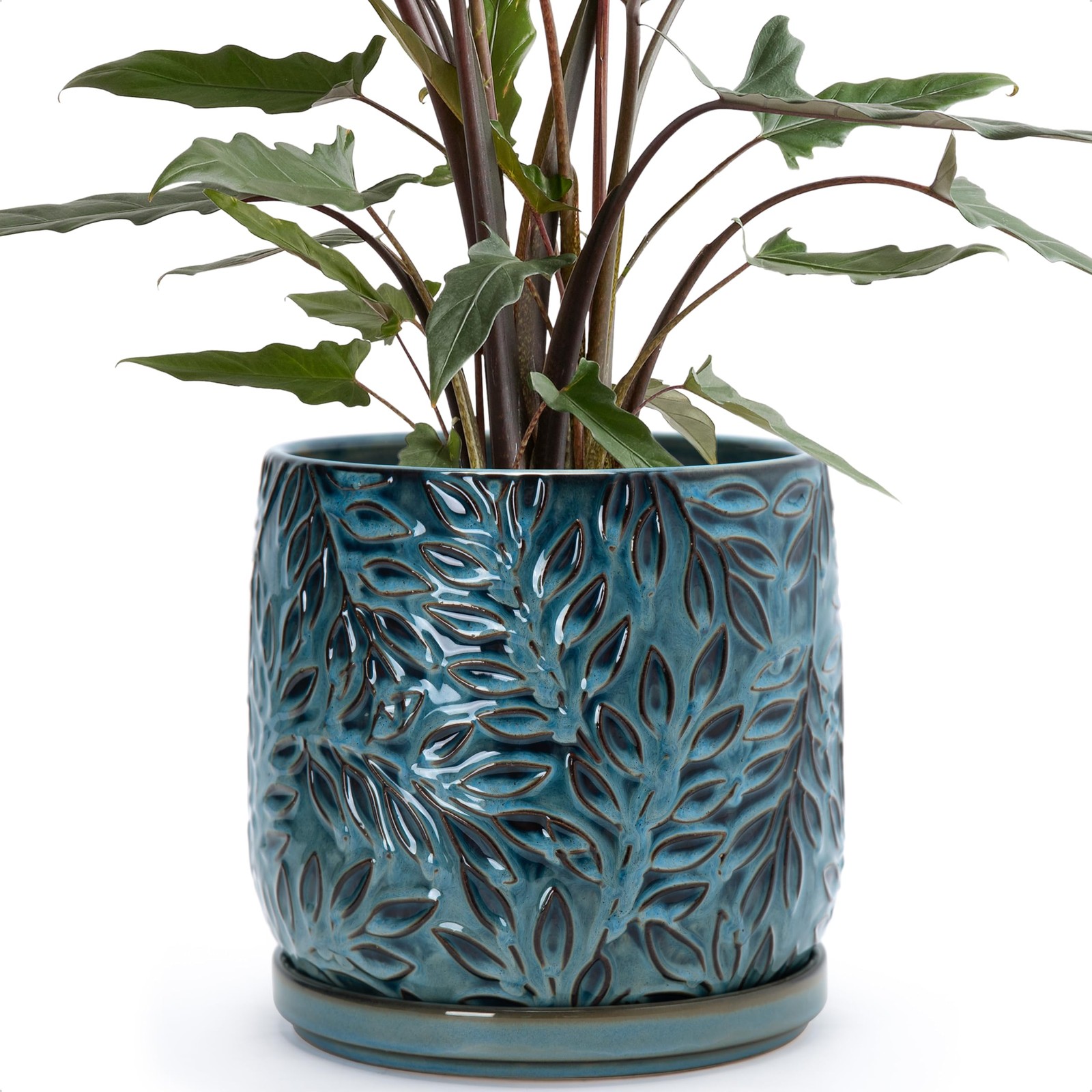 D'vine Dev 8 Inch Embossed Leaves Stoneware Planter Pot with Drainage Hole an... gallery