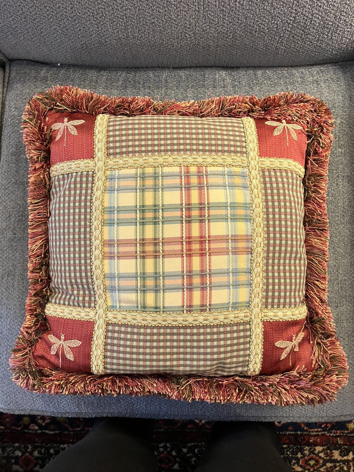 Dragonfly Plaid Fringe Pillow Rust Orange Green Bug Insect Feather Down Fill gallery