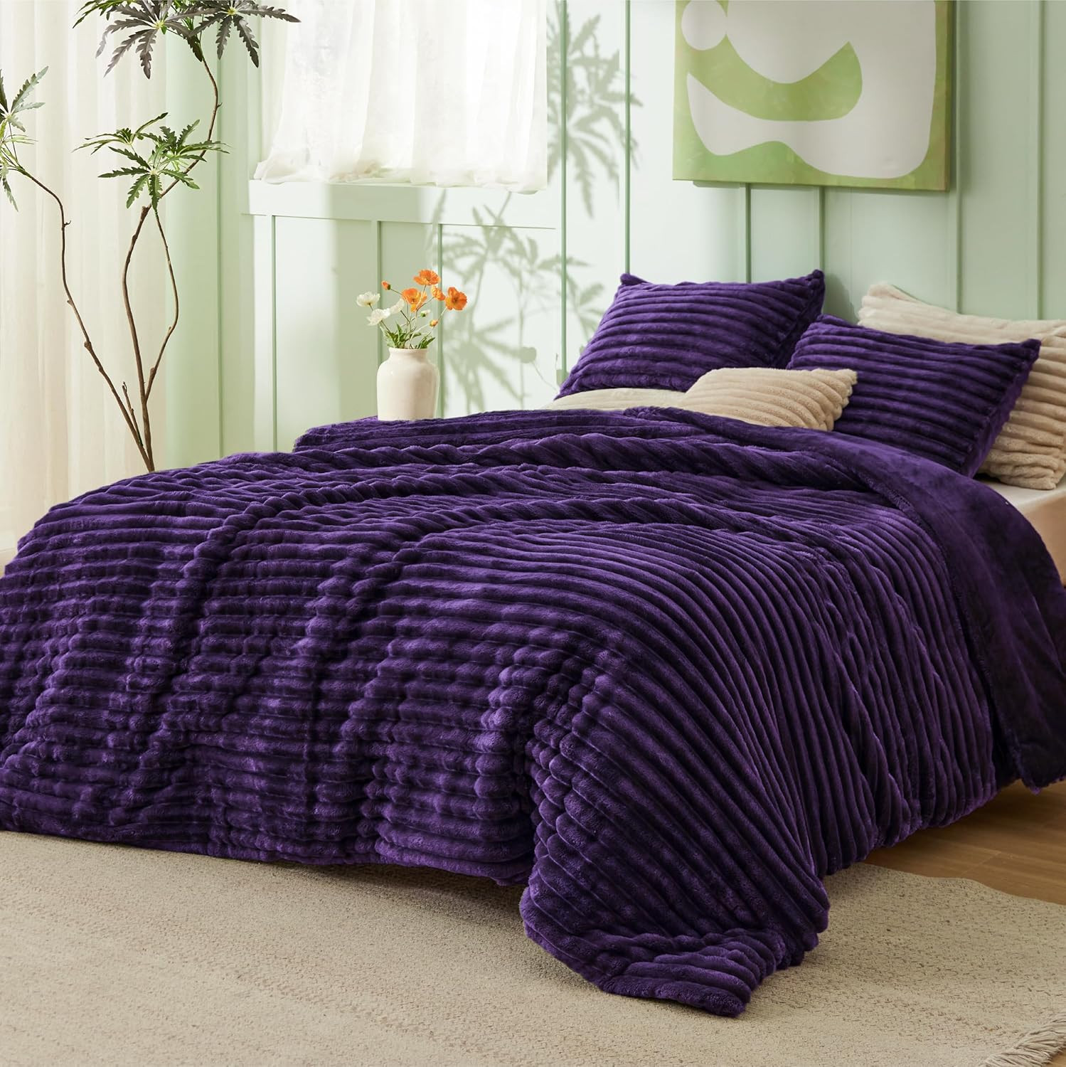 Fluffy King Comforter Set - Soft Faux Fur Fleece Bedding, 3Pcs Purple, Pillowcas gallery