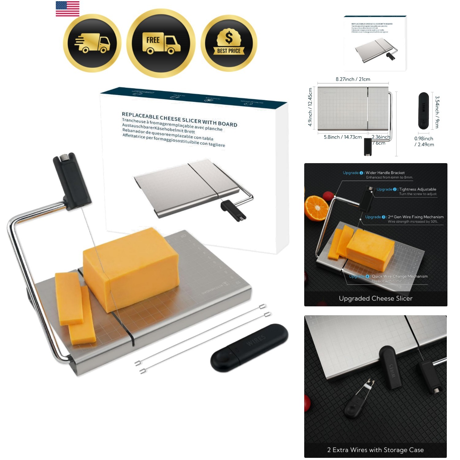 Adjustable Stainless Steel Cheese Slicer with Replaceable Wire & Measuring Grids gallery