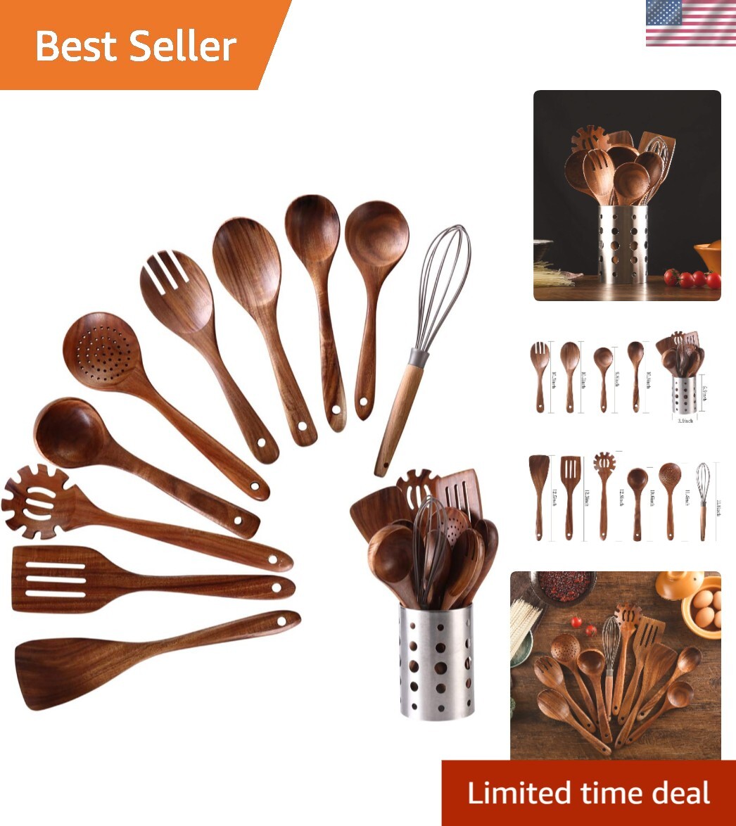 Versatile Teak Utensils Set - 11 Essential Kitchen Tools with Storage Barrel gallery