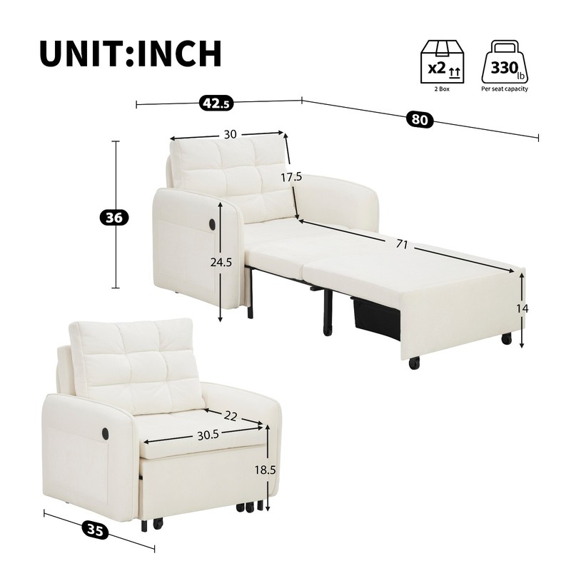3In1 Pull Out Sleeper Sofa Bed Chenille Lounge Chair Recliner With USB Ports gallery