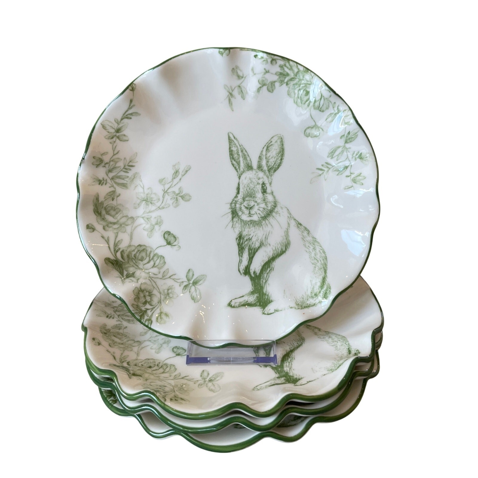 4pc Potters Studio Green Toile Bunny Rabbit Salad Plates 9.5" Scalloped Easter gallery