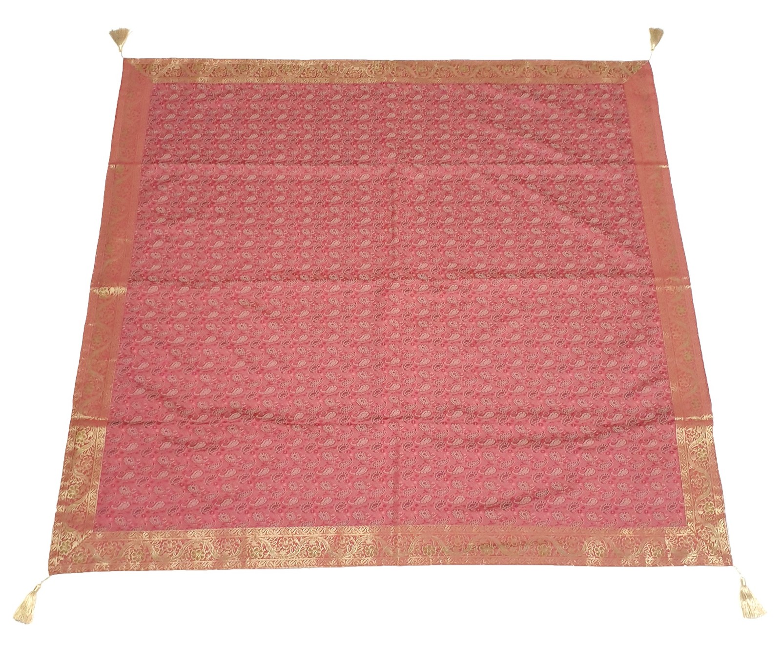48" Square Banarasi Dining Table Top Cover Indian Silk Woven Paisley Pink Cloth gallery