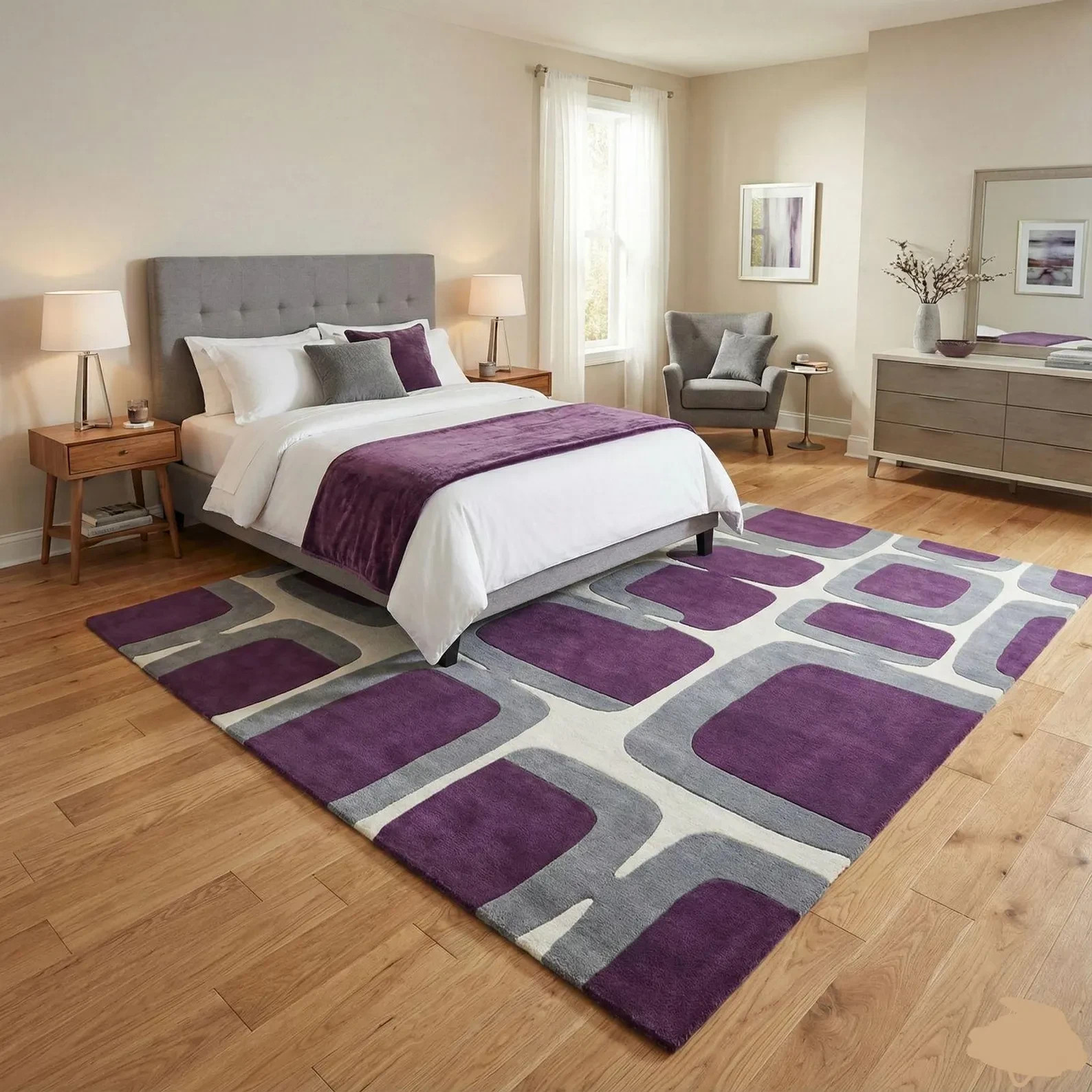 Hand Tufted Modern Geometric Rug Purple & Gray Abstract Carpet Contemporary Area gallery