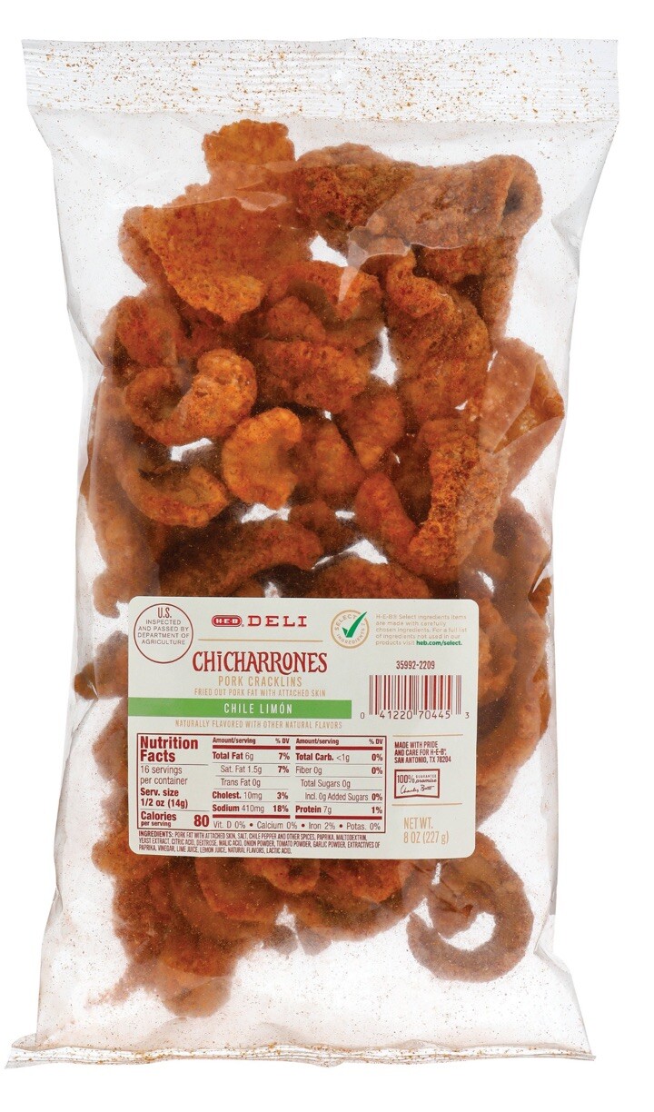 1 Bag - H-E-B Deli Chicharrones Pork Cracklins Plain 8 Oz Fried Out Chile Limon gallery