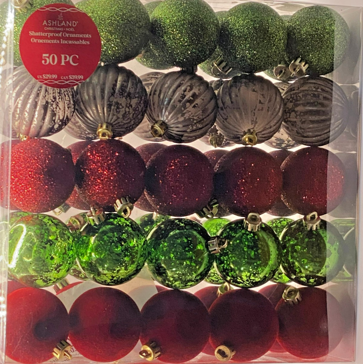 ASHLAND SHATTERPROOF 50 COUNT 2.2" RED GREEN GRAY SHINY MATTE SPARKLE ORNAMENTS gallery