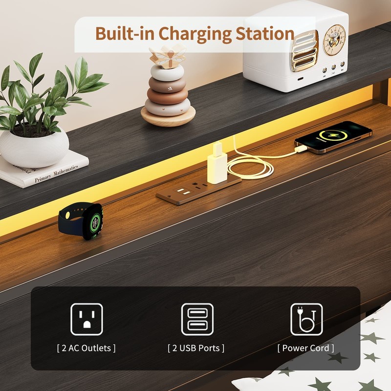 Twin Corner Bed Frame with LED Headboard, Charging Station, Storage Drawers, Bla gallery