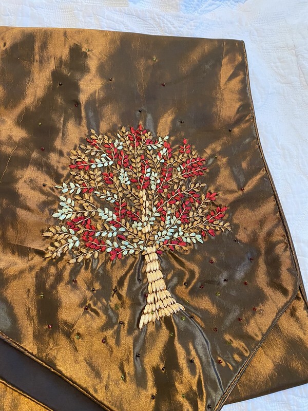 Table Runner Brown Satin W/embroidered Tree And Beads 13x72. Set Of 2 gallery