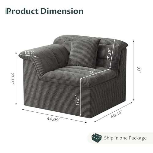 44" Cloud Sectional Couch with Single Arm, Modern Compressed Sofa, Comfy Grey gallery