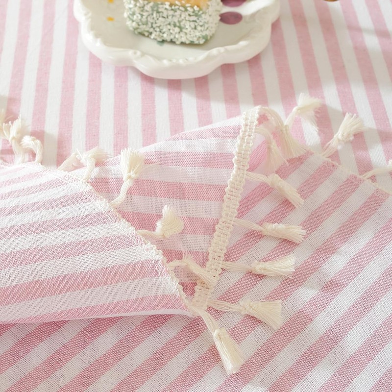 Striped Square Tablecloth, Cotton Blend Fabric Pink Table Cloth with Tassel, gallery