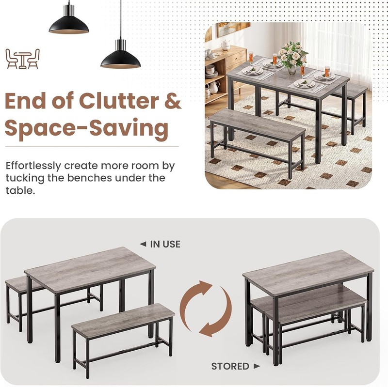 Dining Table Set 4 Kitchen Table W/ 2 Benchs Modern Functional 3-Piece Dining gallery