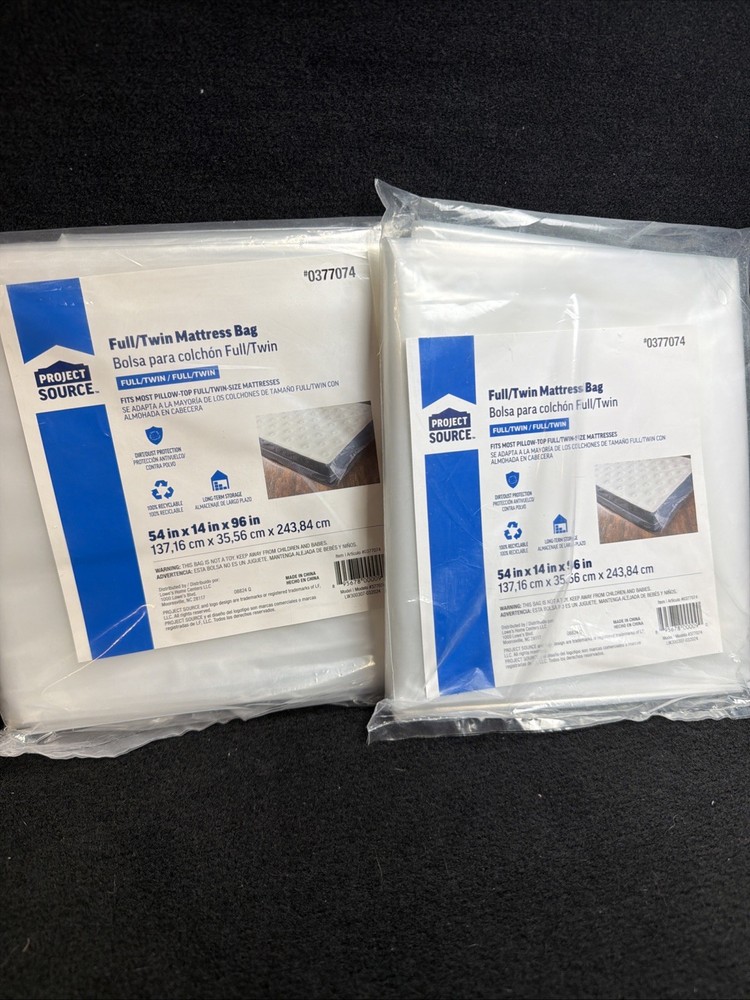 2 Pc Project Source Full/Twin Clear Mattress Bag #0377074. 54x14x96in. Brand New