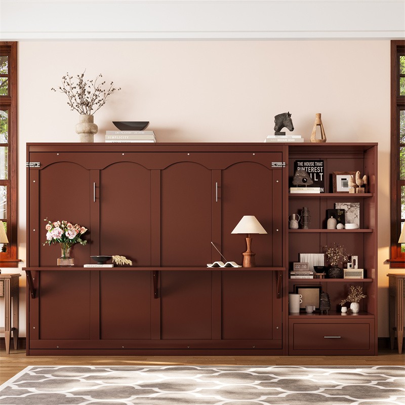Queen Size Murphy Bed Multifunctional Foldable Bed Wall Bed Frame w/Drawer Walnu gallery