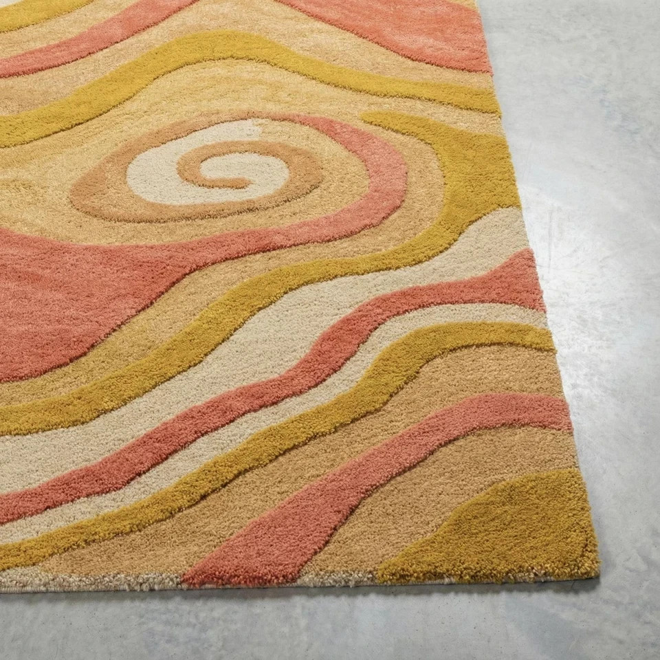 Hand-Tufted Wool Area Rug Coral Yellow Abstract Swirl, Bohemian Eclectic Carpet gallery