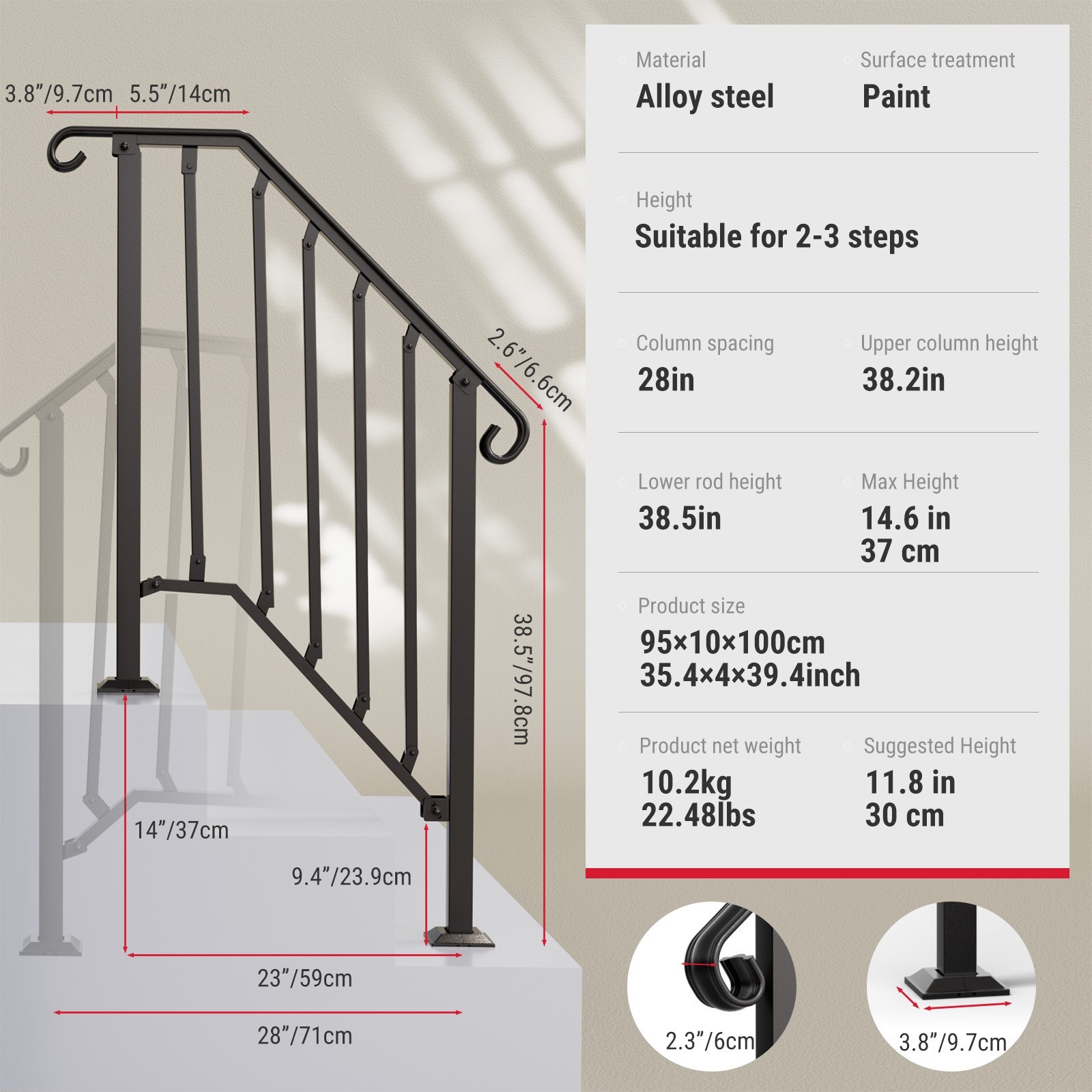 Fit For 2-3 Steps Wrought Iron Handrail Outdoor Steps Handrail Picket Stair Rail gallery