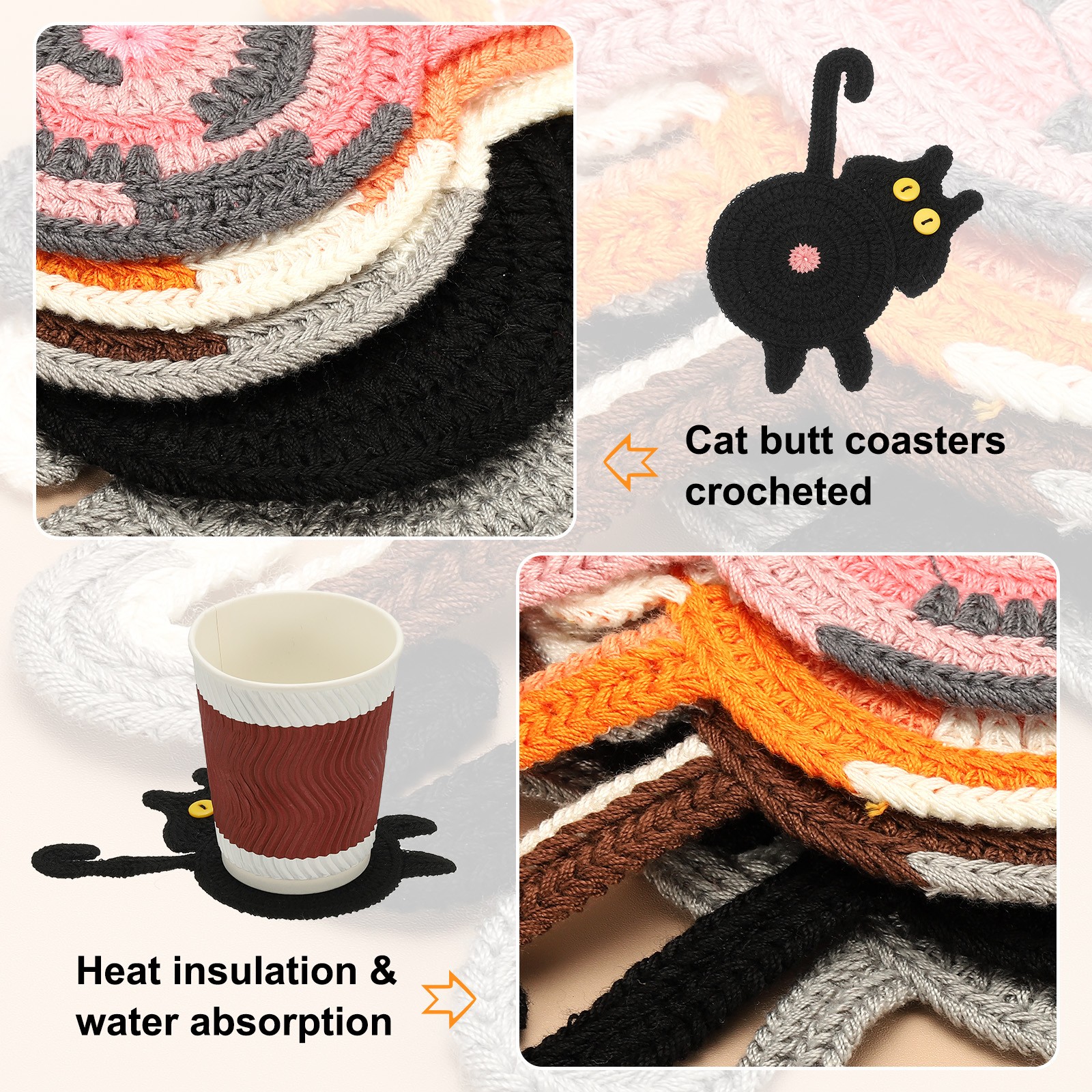6PCS Cat Coasters, 15CM Cute Coasters Cat Butt Crochet, Black gallery