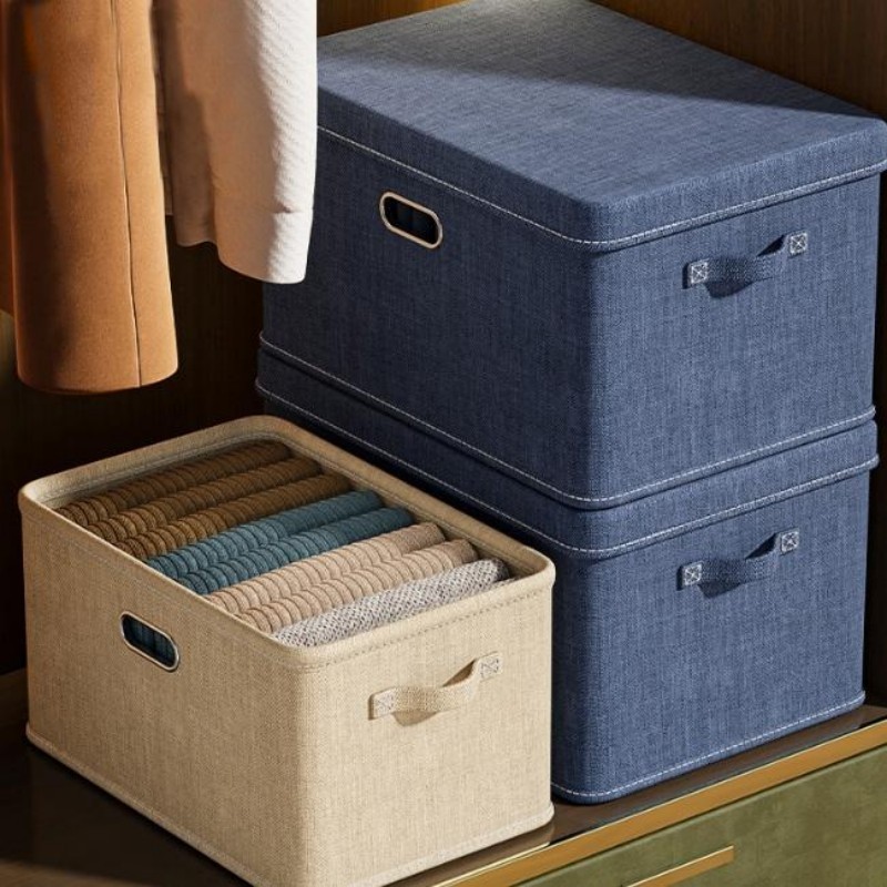 Large Foldable Storage Box with Lid Linen Fabric Closet Organizer Bin Blue 23 in