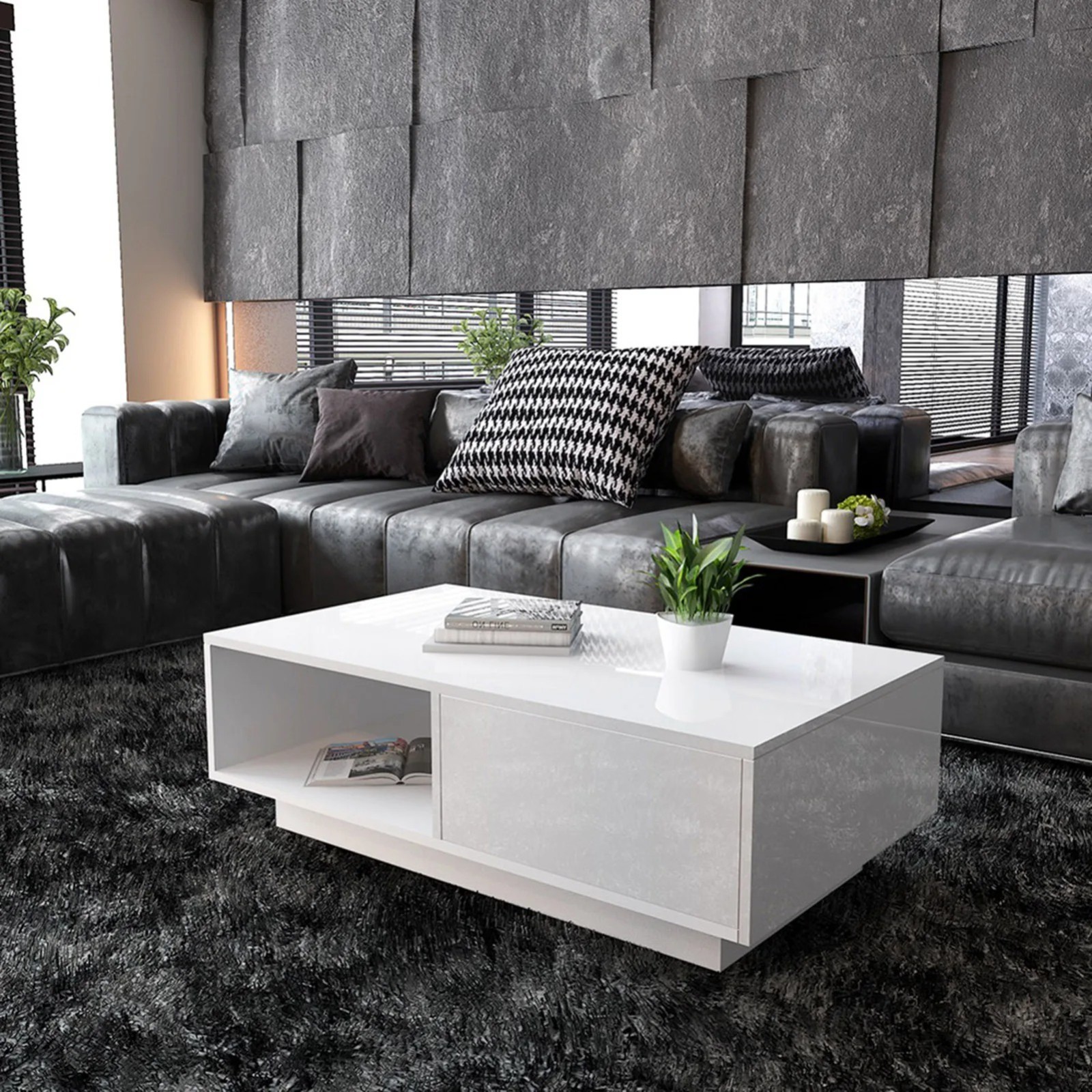 Modern High Gloss Coffee Table with Storage – Rectangular Living Room Centerpiec gallery