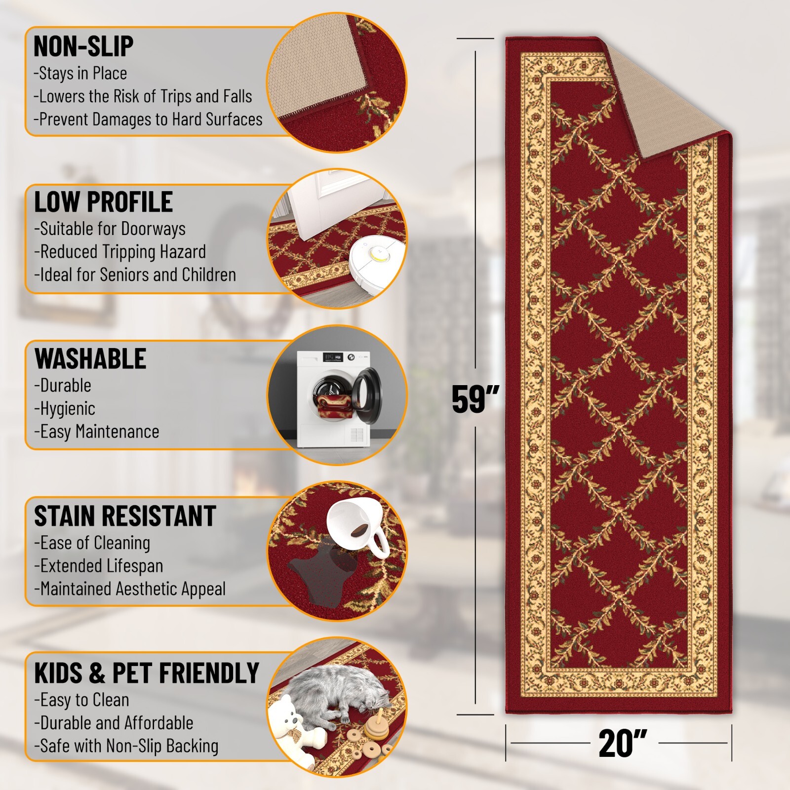 Machine Washable Boxes Design Non-Slip Rubberback 2x5 Traditional Runner Rug gallery