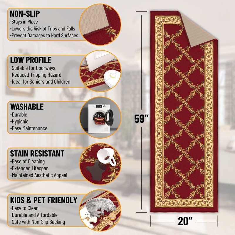 Machine Washable Boxes Design Non-Slip Rubberback 2x5 Traditional Runner Rug gallery