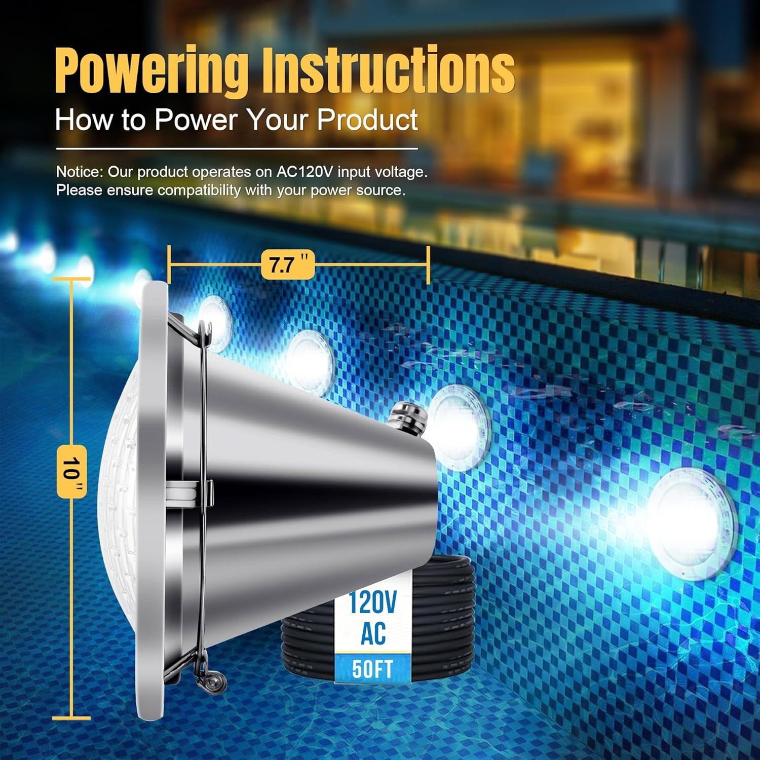 120V 10-Inch Waterproof Pool Light for Inground Pools – IP68 Rated, Includes 2 X gallery