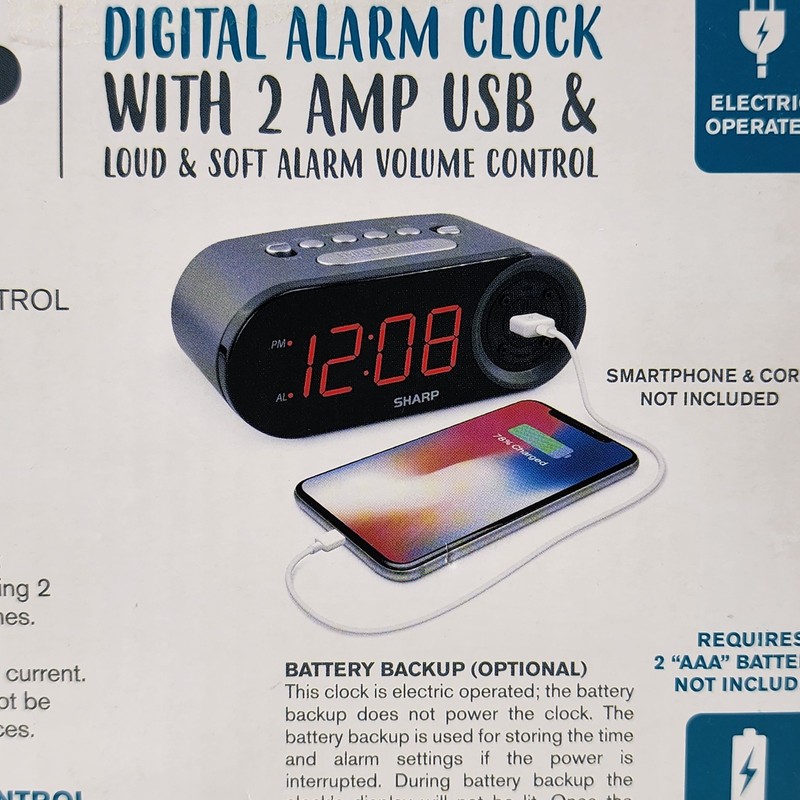 Sharp SPC547 Digital Alarm Clock w/ 2A USB Charger, Red LED, Dimmer, Snooze gallery