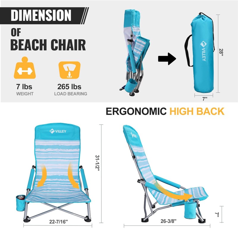 VILLEY 2-Pack High Back Folding Beach Chair Low Beach Chair Cup Holder Carry Bag gallery