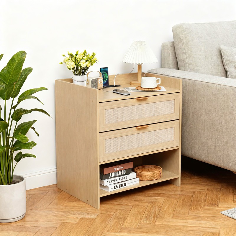 Charging Nightstand with Outlets & USB, 2 Rattan Drawers, Modern Farmhouse Style gallery