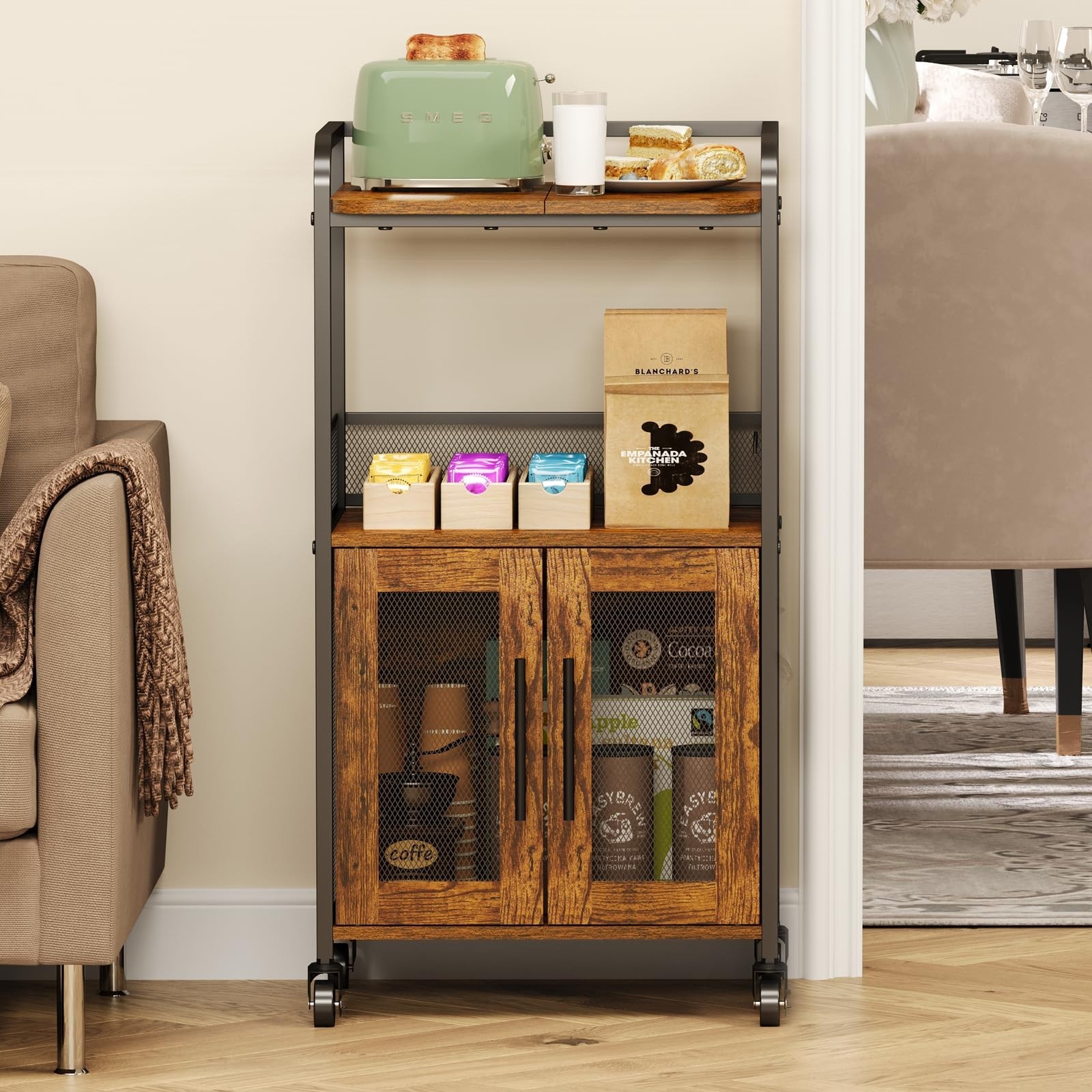 Rustic 3-Tier Coffee Bar Cabinet with Storage, Rolling Cart Table for Living Roo gallery
