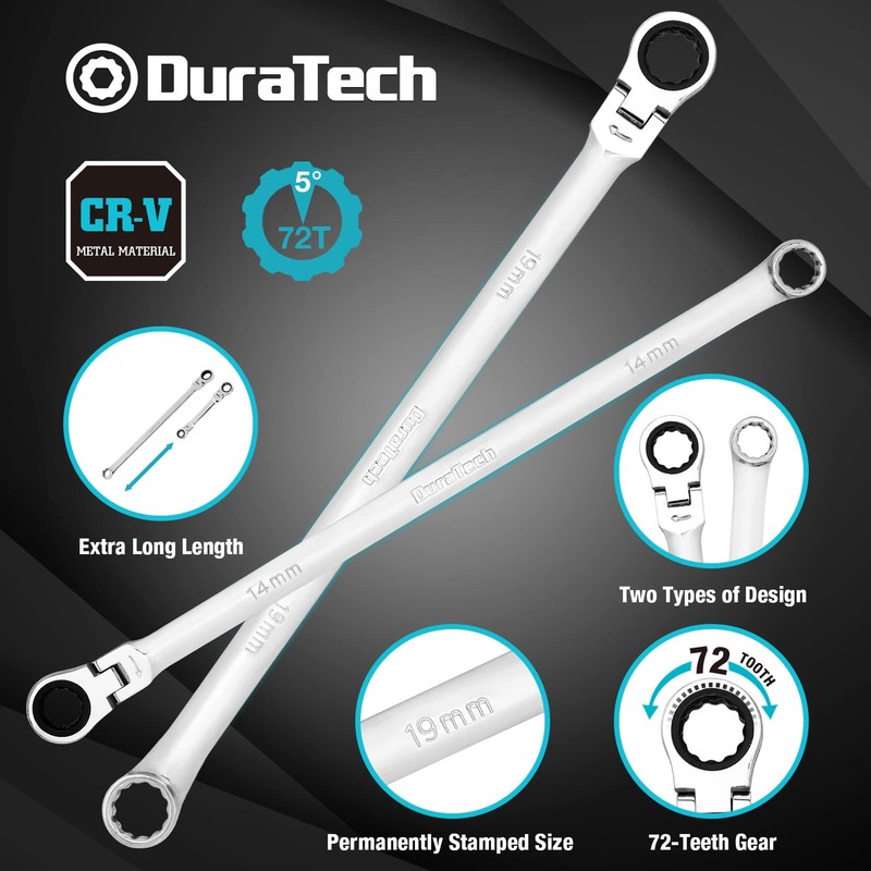 DURATECH 27PCS Extra Long Flex Head Ratcheting Wrench Set Double Box End 8-22mm gallery