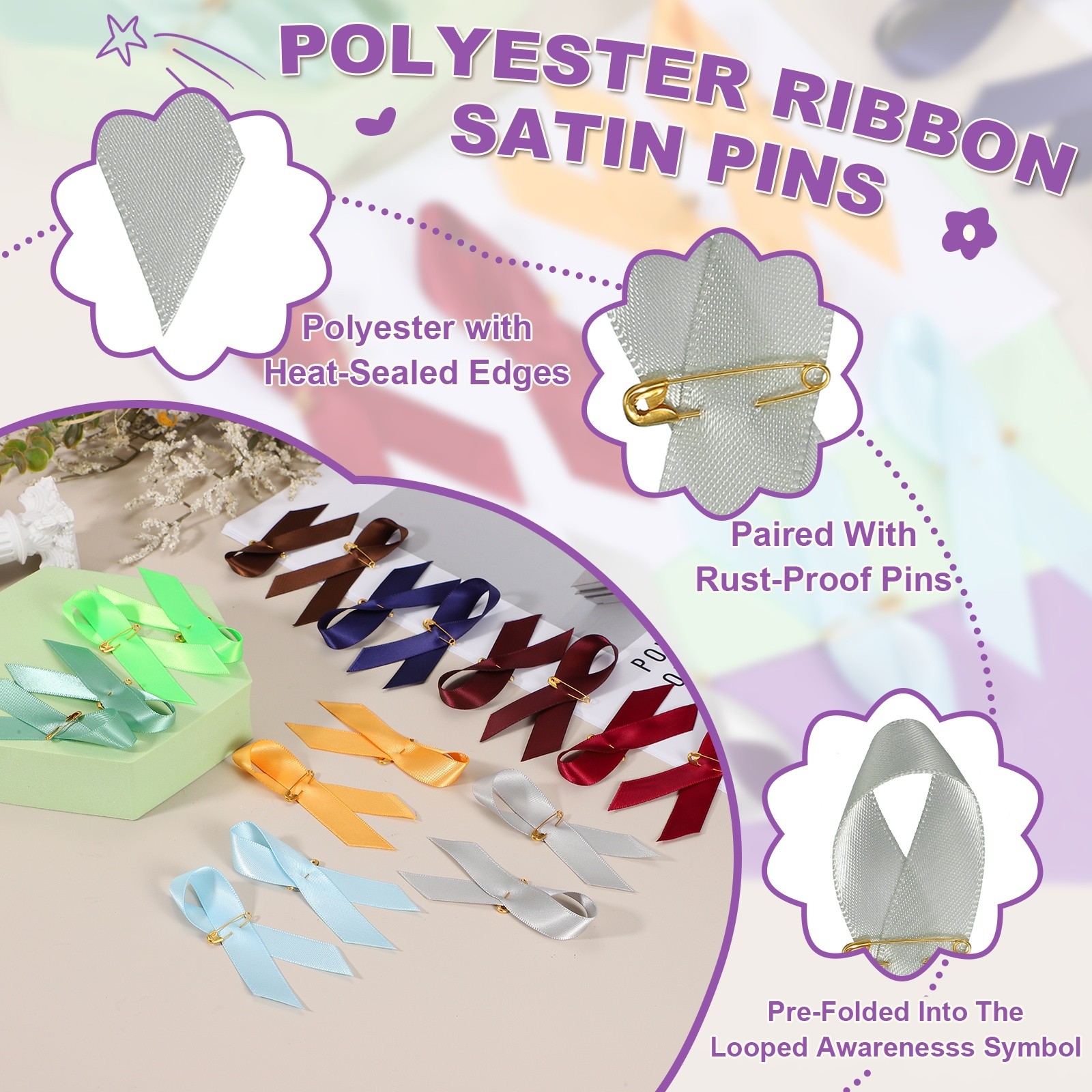 100 Pcs Polyester Ribbon Satin Pins, Light Silver gallery