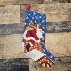 Handmade Needlepoint Christmas Stocking Santa Chimney Scene Holiday Decor