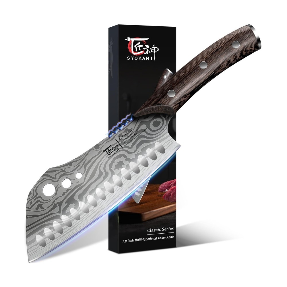 Cleaver Chef Knife with Herb Stripper, 7" Asian Kitchen Knife 3-in-1 Combined...