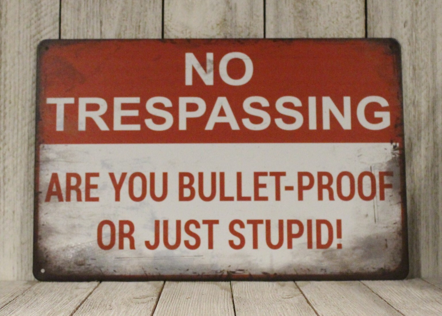 No Trespassing Tin Sign Warning Are You Bulletproof or Stupid Vintage Rustic New gallery