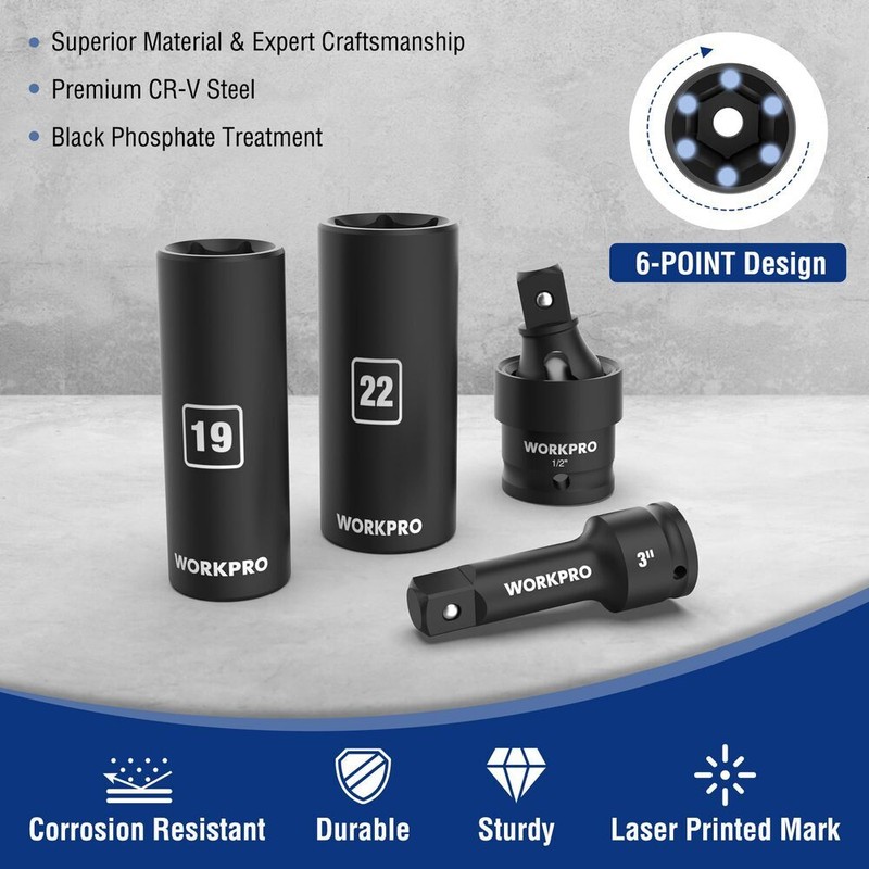 WORKPRO 65PC 1/2” Drive Impact Socket Sets 3/8"-1-1/4" 10-24mm Deep Shallow Kits gallery