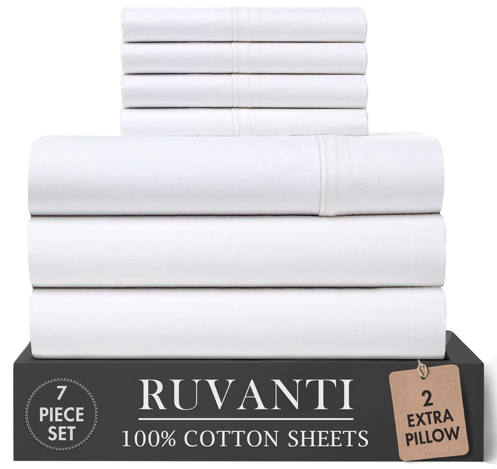 100% Cotton Percale Sheets Split King Size 7 Piece Set, Cooling Bed Sheets fo...