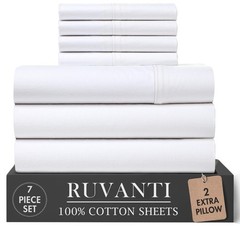 100% Cotton Percale Sheets Split King Size 7 Piece Set, Cooling Bed Sheets fo…