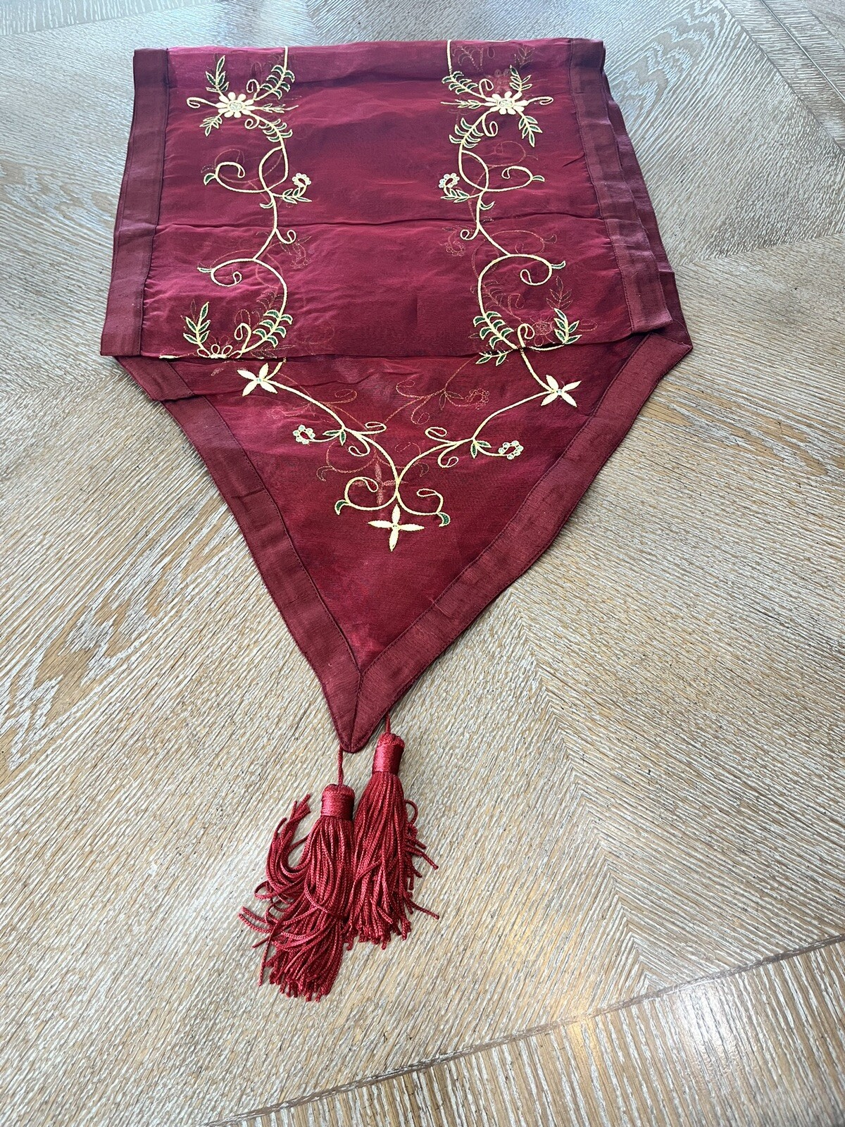 Table Runner Burgundy Embroidered Beaded Silk 84”X 15” With Tassels gallery