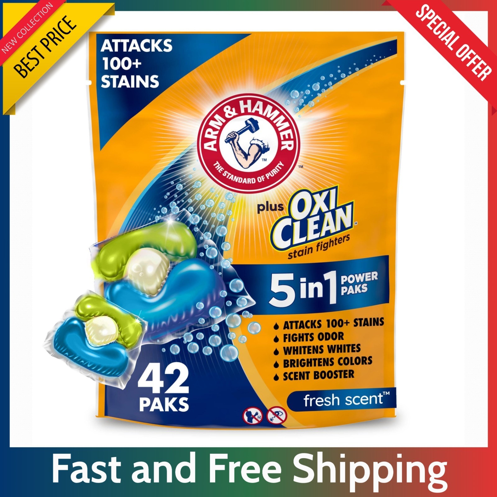 Arm & Hammer Plus OxiClean Power Paks – 42 Count 5-in-1 Laundry Detergent Pods.. gallery