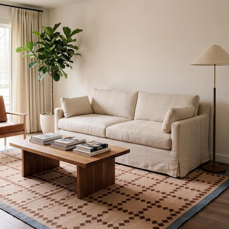 Scandinavian Blue Beige Rust Wool Area Rug - Geometric Handwoven Modern Rug gallery