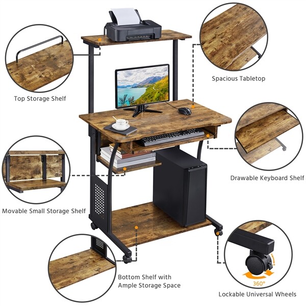 3 Tier Rolling Computer Desk w/Printer Shelf Keyboard Tray Rustic Mobile Desk gallery