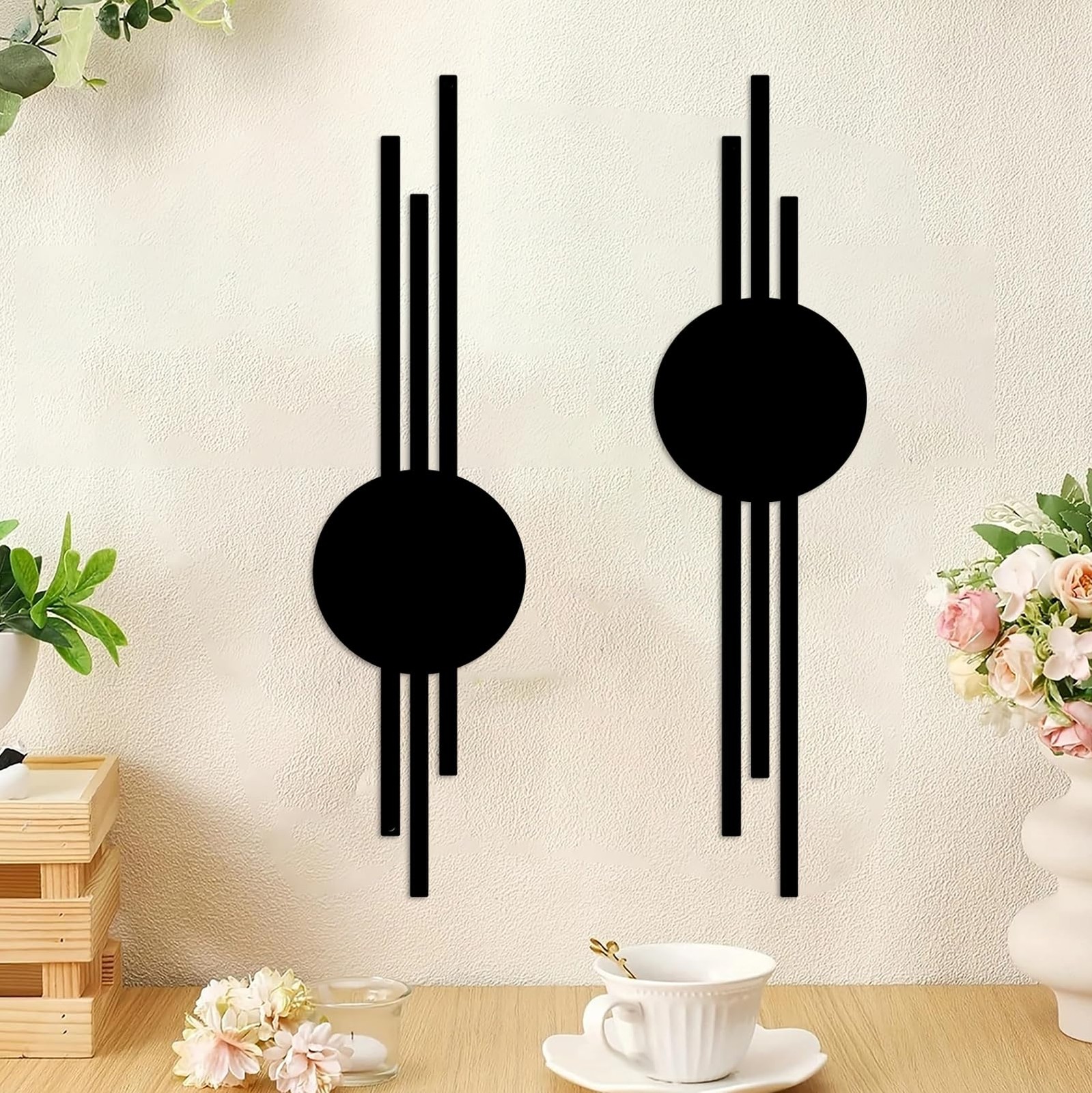 2Pcs Abstract Metal Wall Decor, Black Modern Geometric Hanging Paintings, Min... gallery