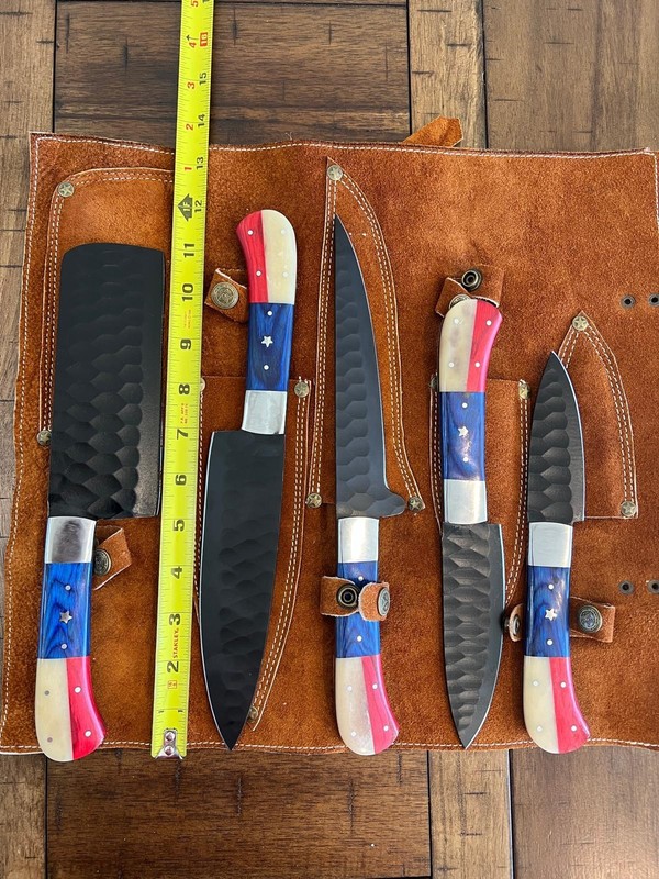 CUSTOM HANDMADE D2 TEXAS FLAG HAMMERED 5 PIECES CHEF SET & LEATHER CARRYING BAG gallery