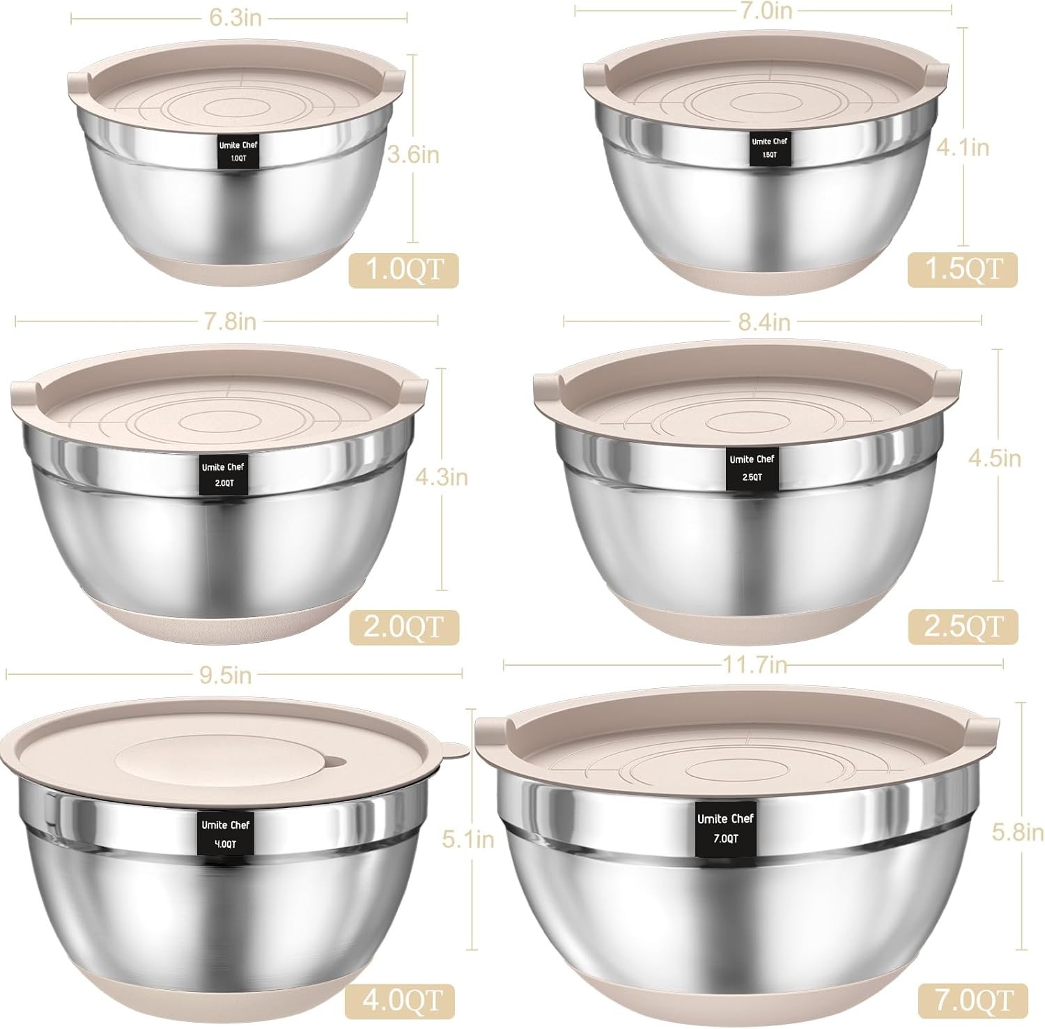 Mixing Bowls with Airtight Lids Set, 26PCS Stainless Steel Khaki Bowls with Grat gallery