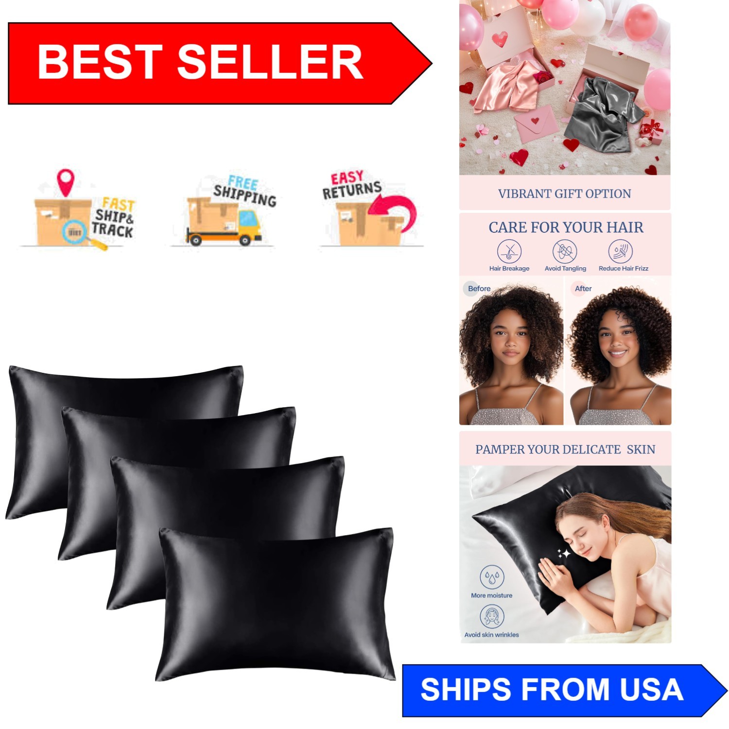 Envelope Closure Satin Pillowcases - 4 Pack Queen Size | Silky Black Elegance gallery